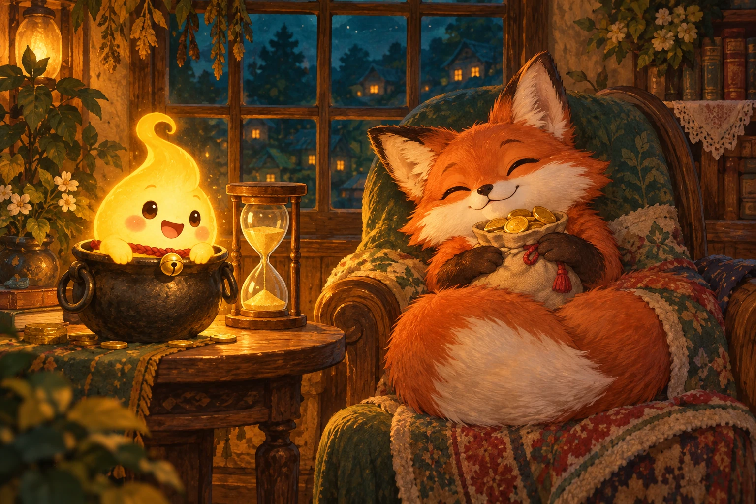 A fox hugging a sack of coins by the window while Potz glows beside an hourglass
