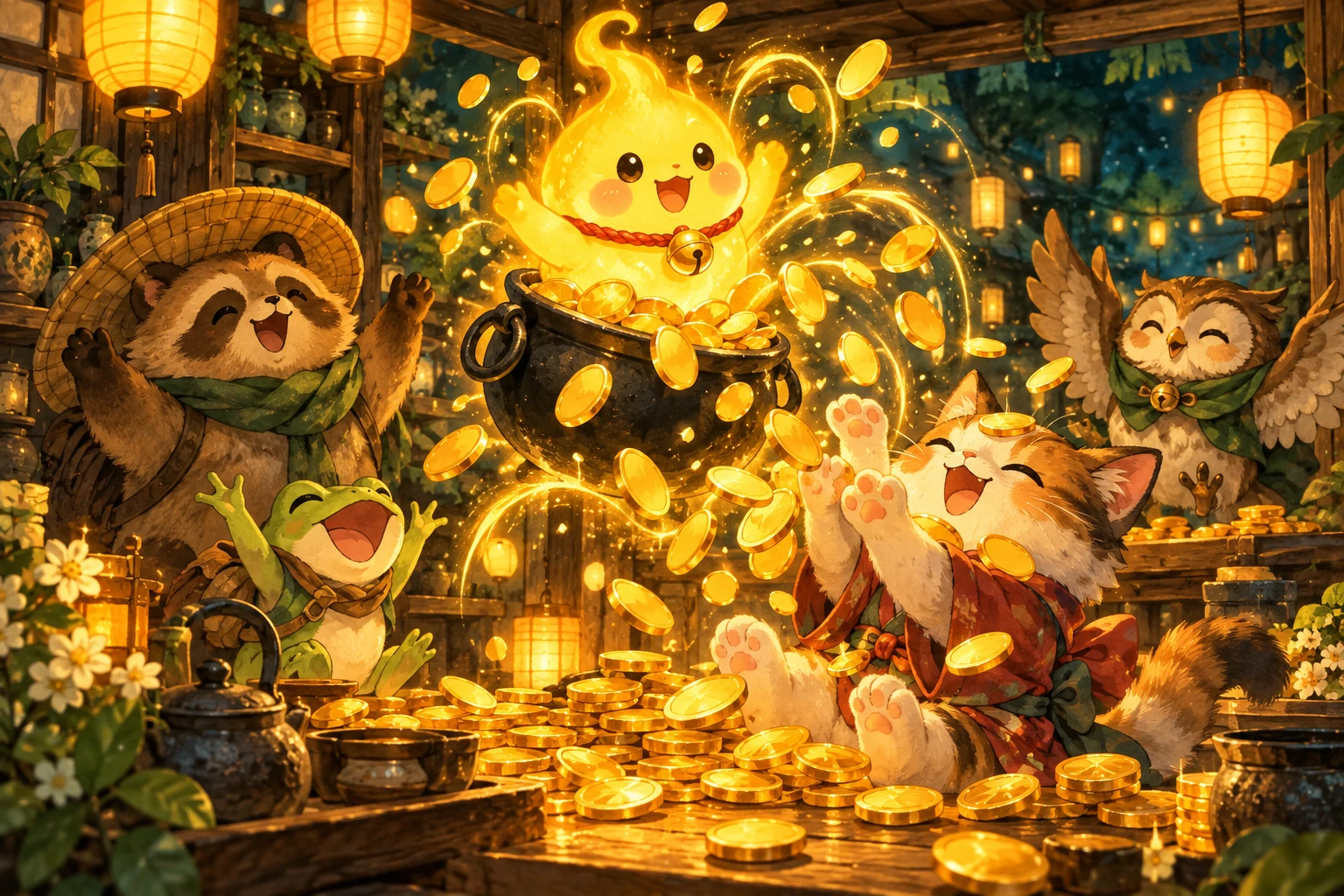 Potz bursting with light as coins shower onto a cheering cat
