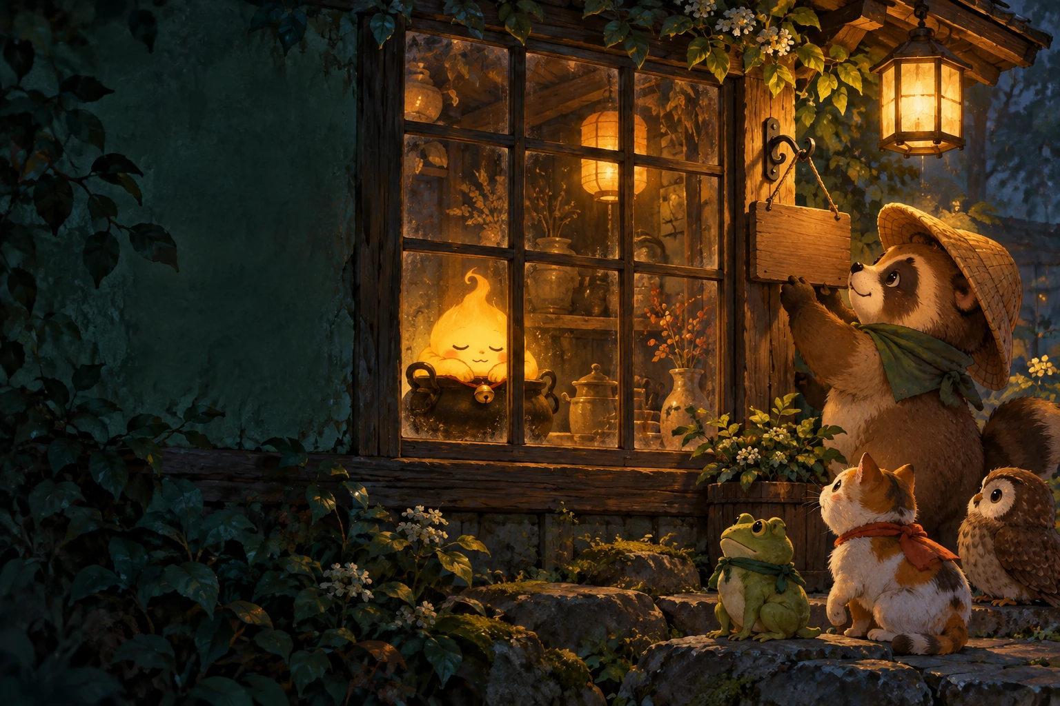 Potz asleep in his glowing pot on the tea house window sill while the tanuki hangs a sign, the night before opening